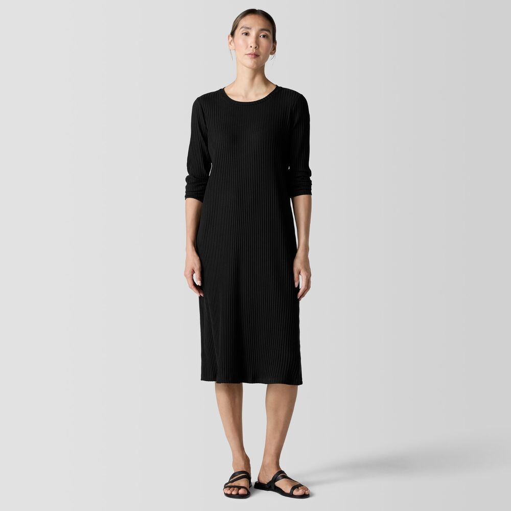 Eileen Fisher Textured Stretch Rib Crew Neck Long Sleeve Tencel Dress Navy Blue